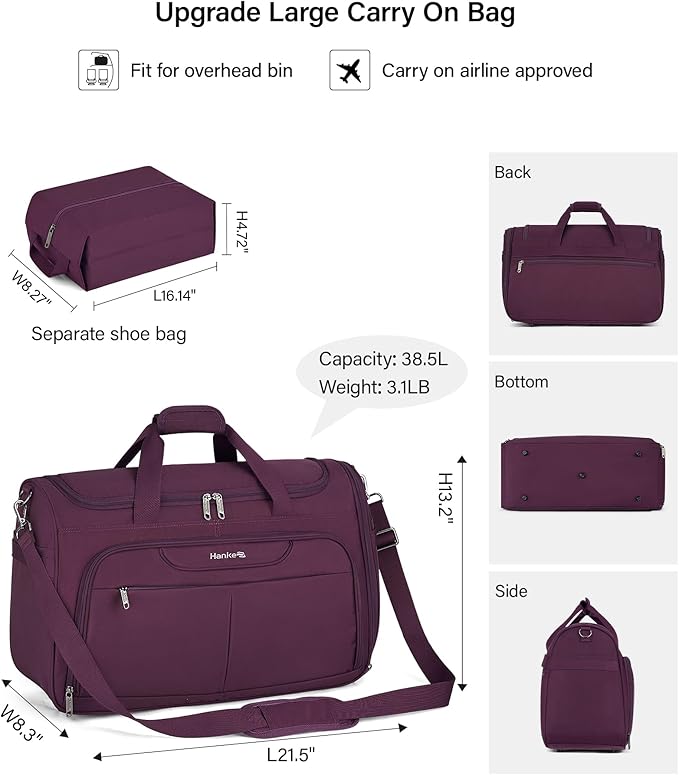 Hanke Large Capacity Travel Duffel Bag, Carry On Luggage with 12 Pockets, 17 Inch Laptop Compartment, Wet Dry Separation & Independent Shoe Bag, Lightweight Foldable Duffel Bag for Women Men（Purple）