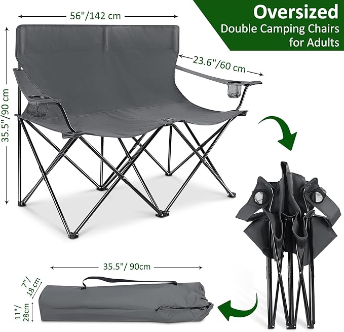 Leonyo Oversized 2 Person Camping Chair, Double Camping Loveseat Chair for Adults, Foldable & Comfortable Double Seat for Lawn, Backyard, Beach, Sports, Movie, Grey