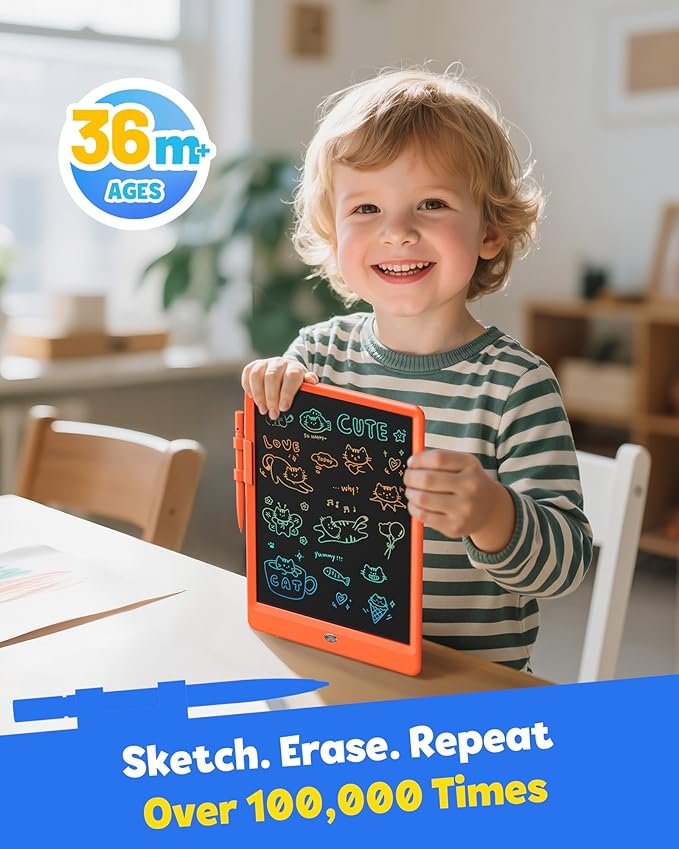 TEKFUN LCD Writing Tablet for Kids, 10-inch Coloring Drawing Pad, Mess Free Doodle Board, Airplane Travel Toys for Boys and Toddlers, Gifts for 3 4 5 6 7 8 Year Old Girls(Orange)