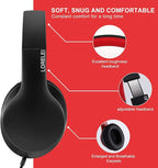 LORELEI X6 Over-Ear Headphones with Microphone, Lightweight Foldable & Portable Stereo Bass Headphones with 1.45M No-Tangle,Wired Headphones for Smartphone Tablet MP3 / 4 (Black-Red)