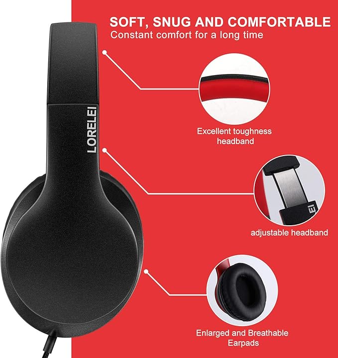 LORELEI X6 Over-Ear Headphones with Microphone, Lightweight Foldable & Portable Stereo Bass Headphones with 1.45M No-Tangle,Wired Headphones for Smartphone Tablet MP3 / 4 (Black-Red)