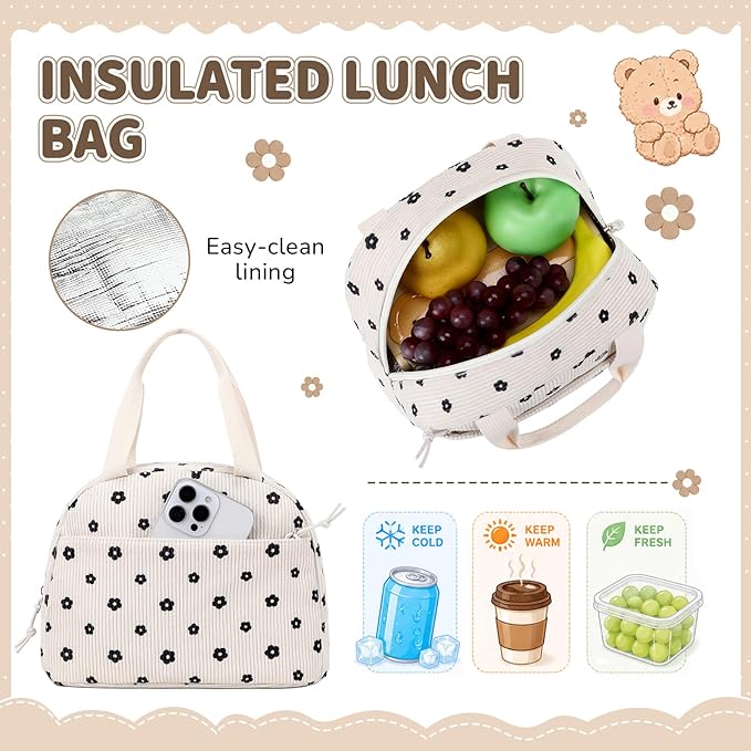 PIG PIG GIRL Corduroy Backpack 3PCS Kids Backpack for Girls School Bags for Middle School Students Book Bag for Elementary Primary Kawaii Ita Backpack with Lunch Box Pencil Case Set, Flower