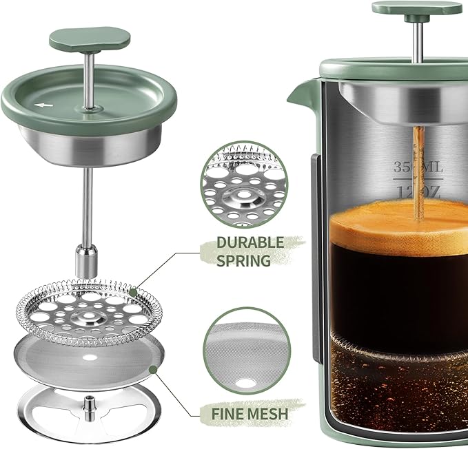 French Press – 350ml Stainless Steel Coffee Press, 2 Cup Cafetiere for Ground Coffee, Portable French Press