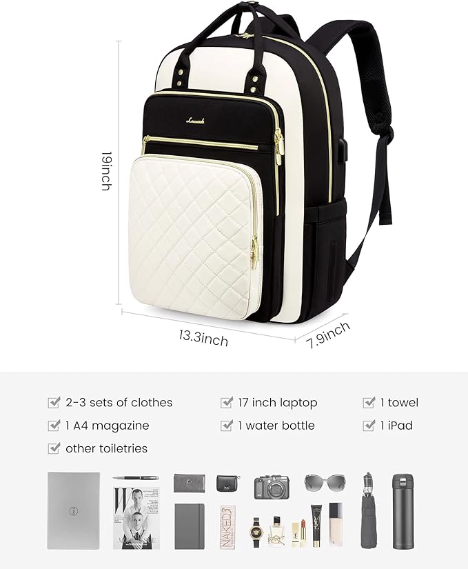 LOVEVOOK Laptop Backpack, Unisex, D-black-beige, 19 x 13.3 x 7.9 in, 1.9 lbs, 30L capacity, 18 pockets, ergonomic shoulder straps, thick EVA foam laptop protection