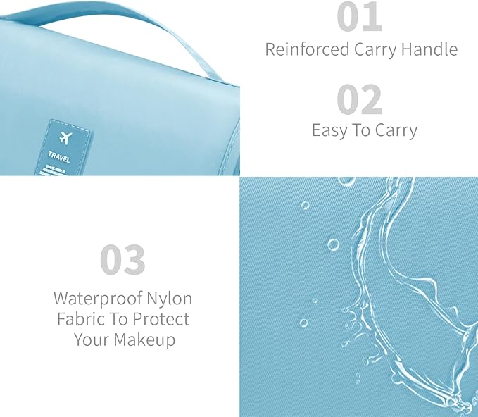 Lcsmaokin Large Capacity Toiletry Bag Travel Bag with Hanging Hook for Men and Women Waterproof Travel Cosmetic Bag Bathroom Storage Bag for Brushes Set, Full-Sized Shampoo,Accessories(Baby Blue)