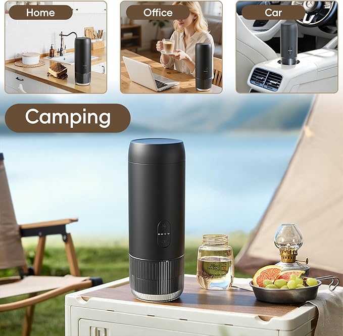 Portable Espresso Maker, 20Bar Pressure & Up to 60 Cups per Charge, Battery Operated Portable Coffee Maker, Works with Ground Coffee & Capsules, for Camping, Car, Travel, and Office Use.