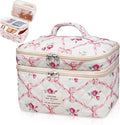 Gosect Makeup bag, Large Cosmetic Bag for Women Girls, Cute Quilted Makeup Bags, Floral Coquette Aesthetic Toiletry Bag, Travel Make Up Organizer Bag (Pink)