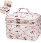 Gosect Makeup bag, Large Cosmetic Bag for Women Girls, Cute Quilted Makeup Bags, Floral Coquette Aesthetic Toiletry Bag, Travel Make Up Organizer Bag (Pink)