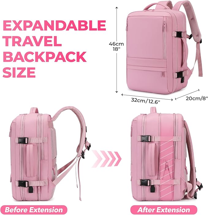 Rcrirth Travel Backpack for Women | Expandable Carry On Backpack with 17.3 Inch Laptop Compartment - Personal Item Travel Bags for Women Nurse Work Bag for Traveling Weekender Business College - Pink