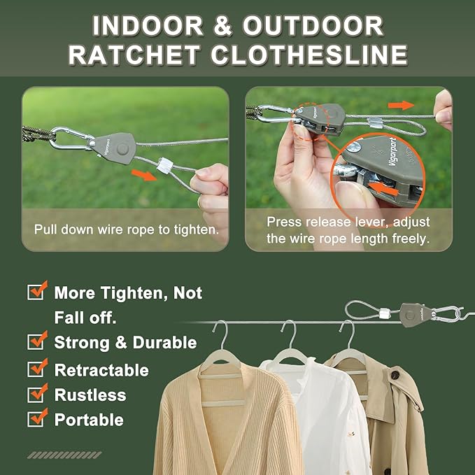 Vigorport Outdoor Retractable Clothesline Portable Travel Clothes Line Wire Ropes with PVC Coating Heavy Duty Rope Pully System for Camping, RV, Indoor Backyard（19Ft）