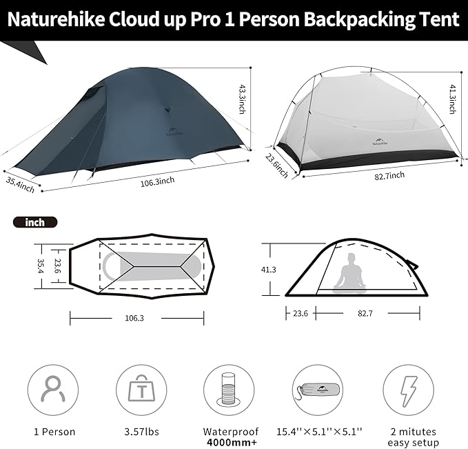 Naturehike Cloud Up Tent, Lightweight Backpacking Tents, Waterproof Ultralight Tent for Camping Hiking Backpacking