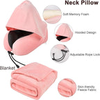 Travel Blanket Pillow Set - Travel Neck Pillow & Blanket for Airplane, Thick Fleece Plane Blanket, Hooded Memory Foam Neck Pillows, Foldable Duffel Bag, Sleep Mask, Earplugs for Plane Traveling, Pink