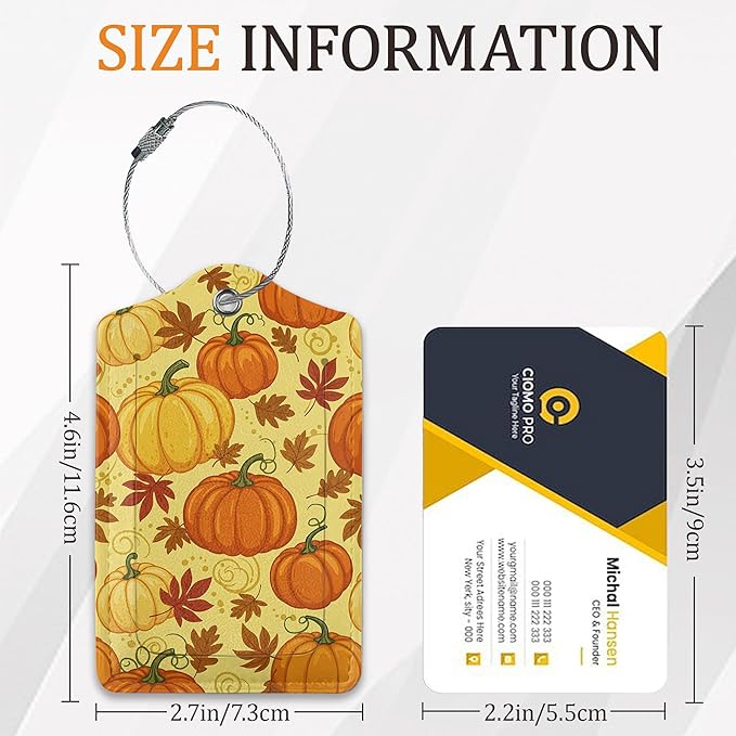 Fall Pumpkin Luggage Tags for Suitcases, 3 Pack Leather Bag Tag Identifiers with Stainless Steel Loop and Address Card for Men Women