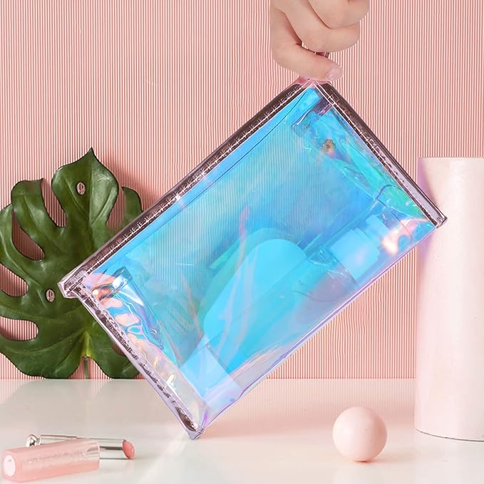 BESARME 10 Pcs Holographic Makeup Bags, Clear PVC Travel Toiletry Bag Iridescent Pouch Portable Zippered Waterproof Cosmetic Bag SPA Bathroom Vacation Party Favors Bachelorette Gifts Mothers Day Gifts