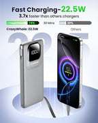 Portable Charger Power Bank with Built-in Type C Cables, 22.5W Fast Charging 10000mAh Phone Charger, Travel Battery Pack Slim Battery Bank with Smart LED Display for iPhone, Android & USB-C-Gray
