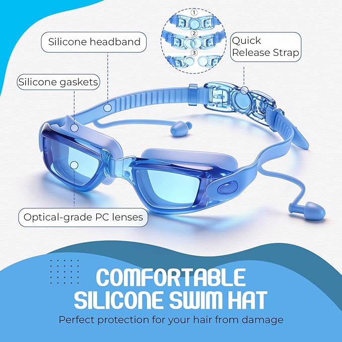 Tallew Swim Goggles Swimming Cap Set with Earplugs, Nose Clip and Case Silicone Swim Hat Waterproof Chlorine Resistant
