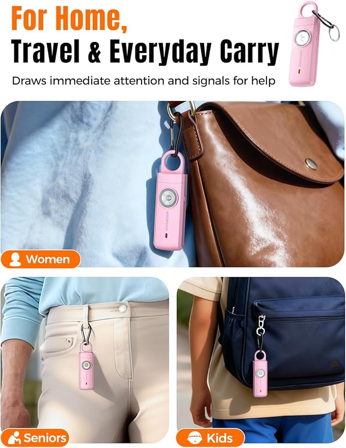 ESSAGER Personal Safety Alarm for Women, 130 dB Self Defense Siren, Rechargeable & Portable with Keychain and Carabiner, Low Battery Notice, LED Strobe Light for Kids, Seniors, College Students(Pink)