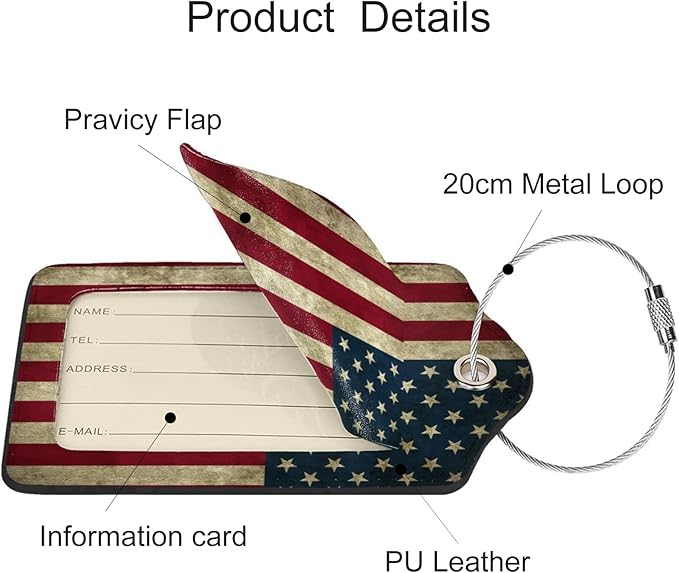2 Pack Luggage Tags for Suitcases, PU Leather Bag Tag with Privacy Cover Address Card Travel Essentials-American Flag