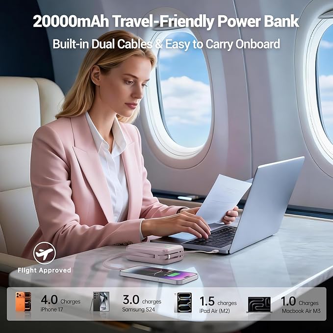 Hichain Portable Charger 20000mAh Power Bank 35W Power Bank Fast Charging Battery Pack with Dual in Cables Compact Battery Bank with Digital Display for iPhone Android Portable Phone Charger Pink