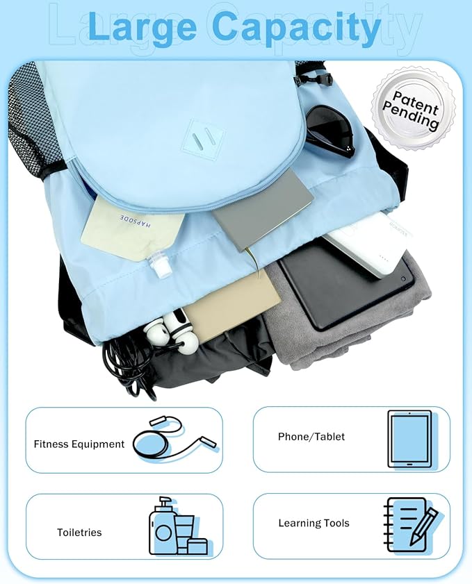 RHDZO Drawstring Backpack Gym Backpack with Shoe Compartment for Men Women String Sports Bag with Wet Pocket Cinch Swim Beach Bag, Large Blue