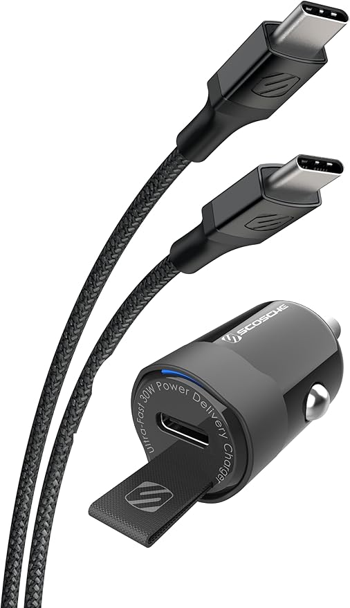 Scosche CPDC30 Mini USB-C 30W Car Charger for Cigarette Lighter Outlet, Power Adapter Plug with 4 FT Long USBC to Type-C Fast Charging Cable Cord Compatible with Android, iPhone & iPad, Black