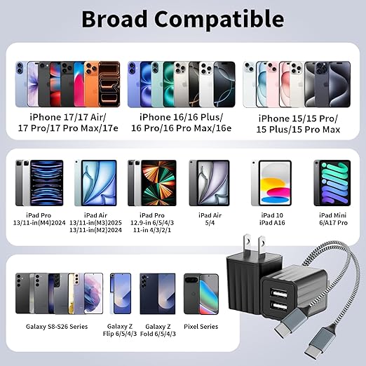 2Pack Fast iPhone Charger[Apple MFi Certified]10FT Dual Port USB Fast Charging Block iPhone 17 USB A-C Braided Cable Cords,Apple Charger Adapter for iPhone 17 Air/16e/17/16/15/15 Plus/Pro/Pro Max/iPad