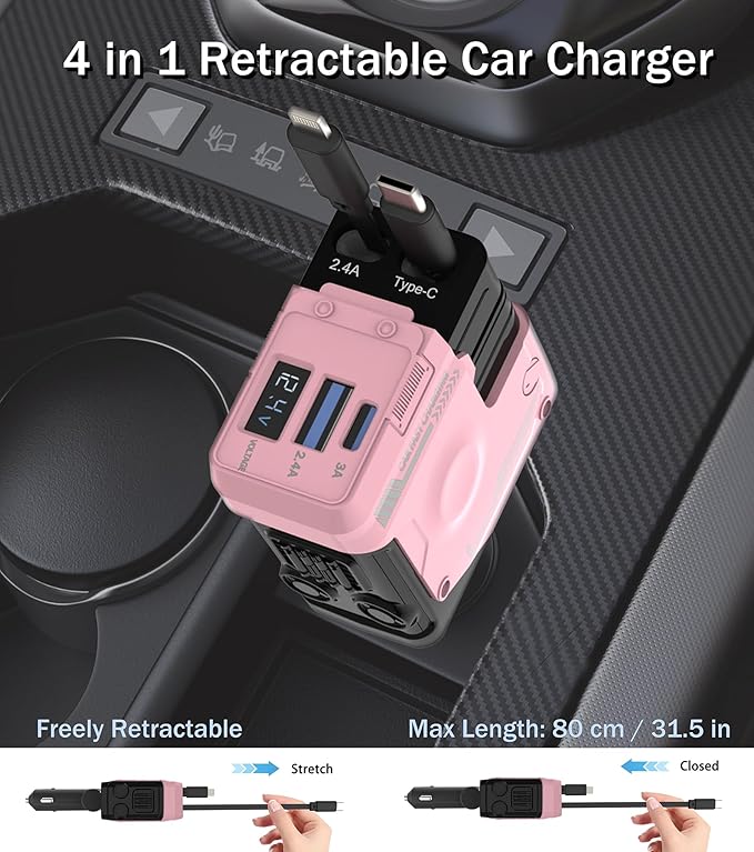 Retractable Car Charger, 4 in 1 Retractable Phone Charger with 66W Fast Charging, 2 Retractable Cables and 2 USB-C USB-A Por, Cute Girly Car Accessories for iPhone 17/16/15/14/13/12, Samsung, Pixel