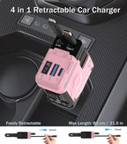 Retractable Car Charger, 4 in 1 Retractable Phone Charger with 66W Fast Charging, 2 Retractable Cables and 2 USB-C USB-A Por, Cute Girly Car Accessories for iPhone 17/16/15/14/13/12, Samsung, Pixel