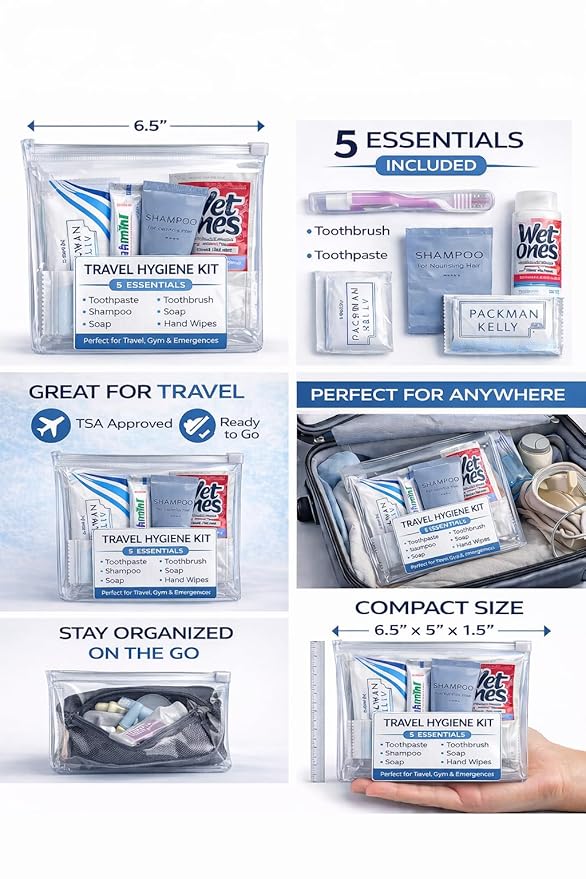 Travel Hygiene Kit (5 Essentials) – TSA Approved Toiletry Set with Toothbrush, Toothpaste, Shampoo, Soap & Hand Wipes – Portable Travel Kit for Gym, Airplane & Emergency Use