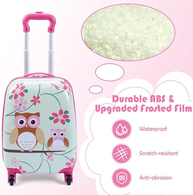 BABY JOY 2 PC Kids Luggage, 16" Toddlers Carry-on Suitcase & 12” Backpack Set, Children Travelling Case w/ 4 Casters & Retractable Handle, Lightweight Trolley Case for Boys & Girls (Owl)