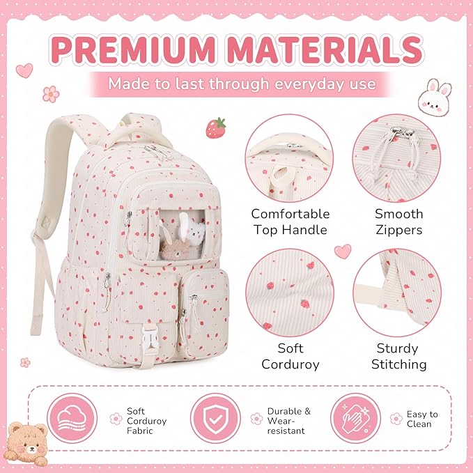 PIG PIG GIRL Corduroy Backpack 3PCS Kids Backpack for Girls School Bags for Middle School Students Book Bag for Elementary Primary Kawaii Ita Backpack with Lunch Box Pencil Case Set, Beige Strawberry