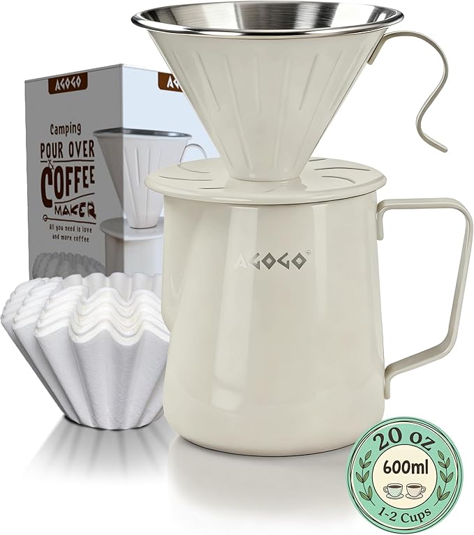 AGOGO Pour Over Coffee Maker Set - Unbreakable 304 Stainless Steel V60 Dripper & Server for Camping & Home, Includes 50 Paper Filters & Barista Towel - Cream White - 20oz