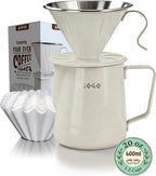 AGOGO Pour Over Coffee Maker Set - Unbreakable 304 Stainless Steel V60 Dripper & Server for Camping & Home, Includes 50 Paper Filters & Barista Towel - Cream White - 20oz