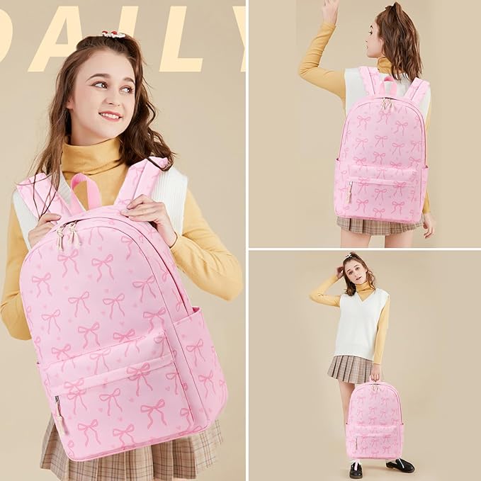 LOIDOU Backpack for Girls School Backpacks Bookbags for Elementary Middle School Women Laptop Backpacks (Bow Tie Pink, L-17)
