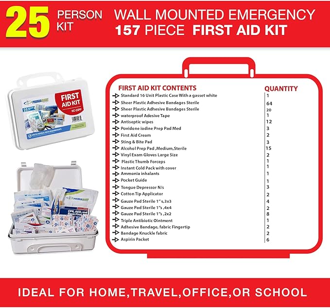 Primacare KC-25PP 25 Person Compact First Aid Kit with 157 Pieces Emergency Medical Supplies, Portable Kits for Home, School and Office, Wall Mount, 10x7x3 inches