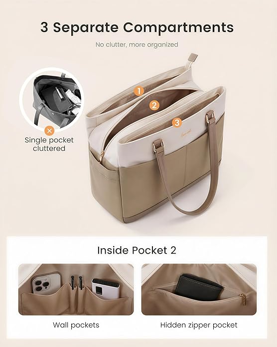 LOVEVOOK Laptop Tote Bag for Women with 3 Separate Pocket Work Bag with Large Cup Holder Computer Briefcase for Teacher Nurse