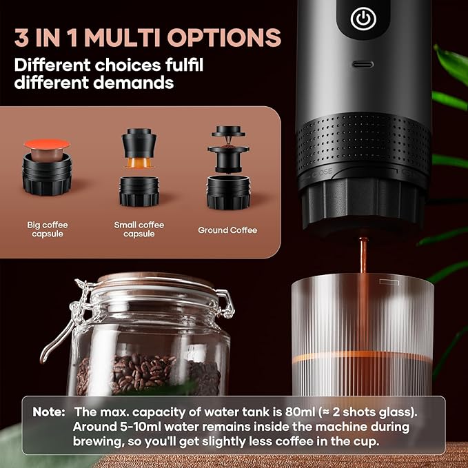 Portable Coffee Maker Espresso Machine Small Electric Battery Operated Coffee Cup Mini Espresso Machines Self-Heating Car Travel Espresso Pod Maker, 3-IN-1 Ground Coffee & NS Capsule Hiking Camping