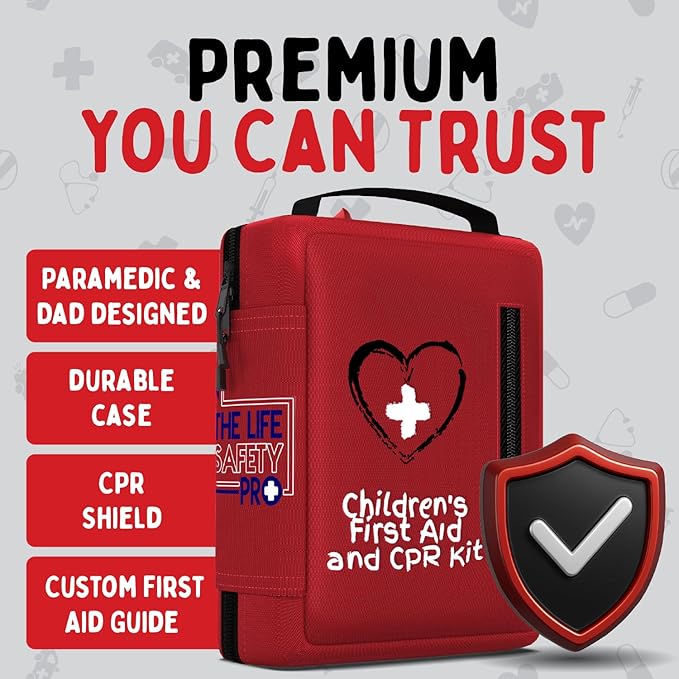 Portable First Aid Kit for Kids with CPR Shield - Ideal for Home, Car, School, Camping, and as a Travel First aid kit. Latex-Free Bandages – Children First Aid Guide by The Life Safety Pro