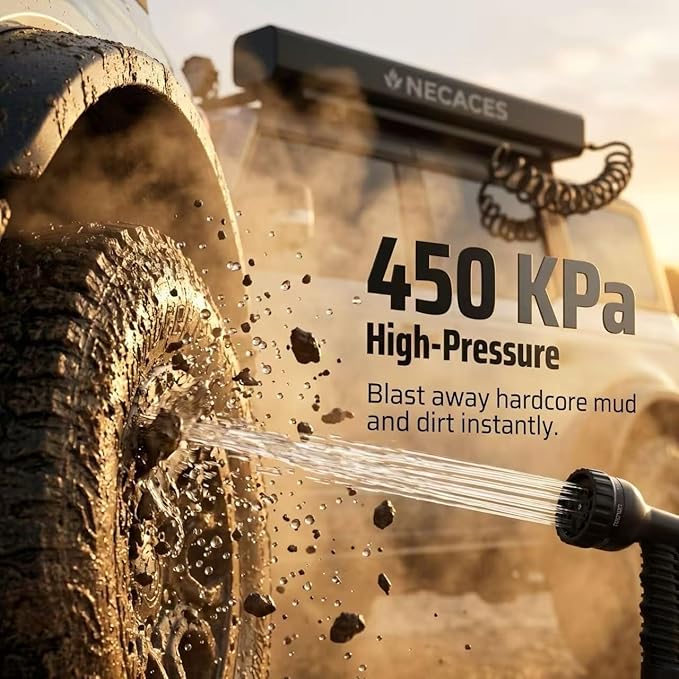 4.5-9 Gallon Pressurized Water Tank,Portable Aluminum Camping Shower Water Storage with Spray Hose for Overland Off-Road Vehicles, Pick-up Trucks,Outdoor Activities Water Supply.