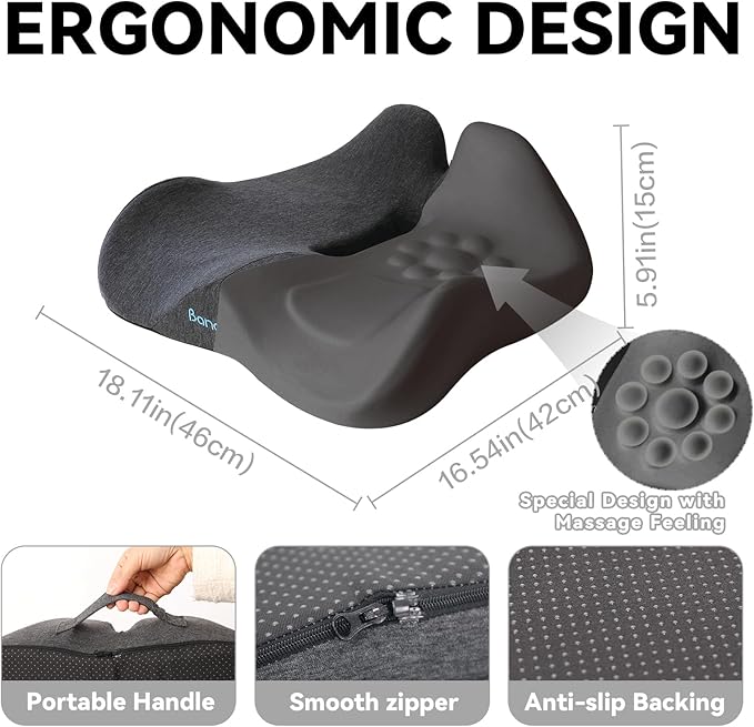 18x16 Inch Memory Foam Seat Cushion for Office Chair, Car & Travel, Ergonomic Chair Cushions for Long Sitting, Thick Supportive Seat Pad with Non-Slip Bottom, Washable Cover, Black