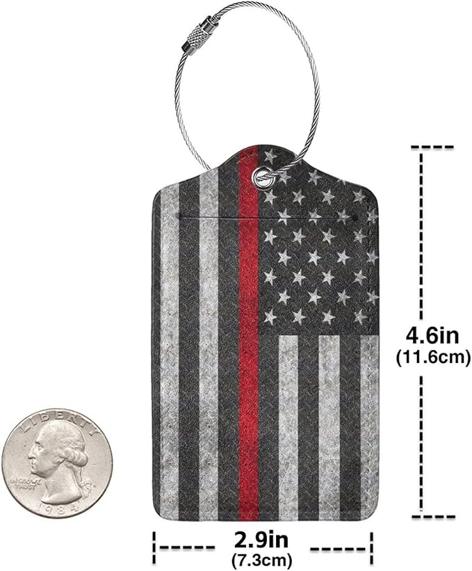 2 Pack Luggage Tags for Suitcases, PU Leather Bag Tag with Privacy Cover Address Card Travel Essentials-Thin Red Line Flag American Firefighter Flag