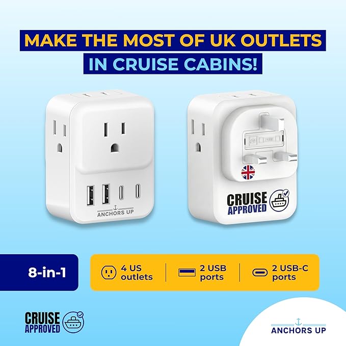 Cruise Approved UK Plug Travel Adapter for Cruise Ships – Non Surge 8-in-1 Multi Plug Extender with 4 AC Outlets, 2 USB & 2 USB-C Ports – Compact Cruise Essential for Cunard, P&O & More