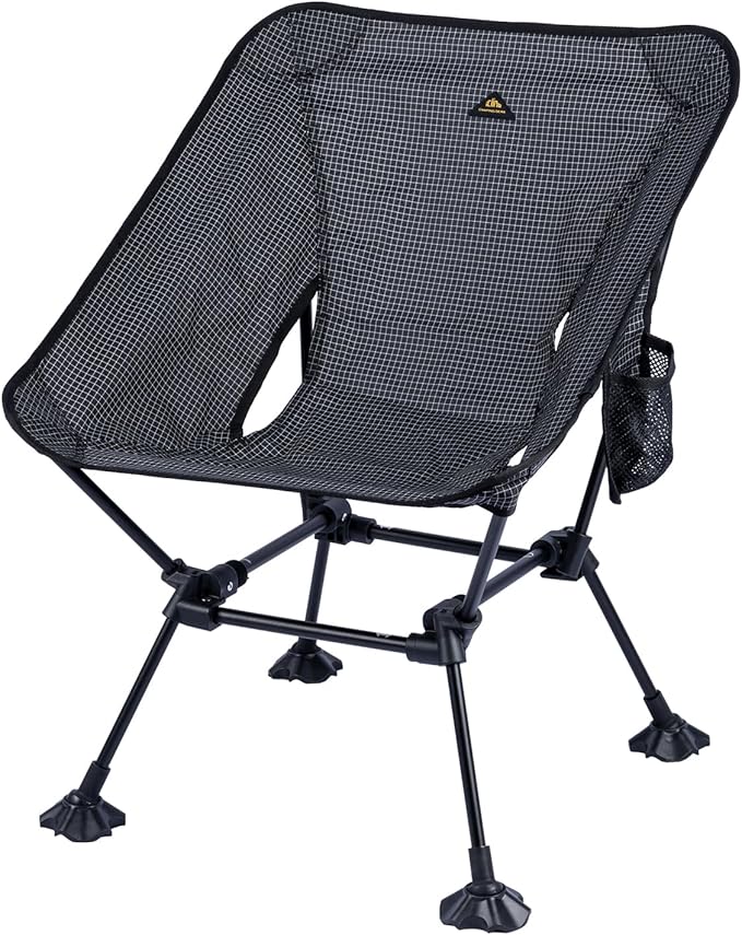 iClimb Ultralight Compact Camping Folding Beach Chair with Anti-Sinking Large Feet and Back Support Webbing (Black Grid- Square Frame)