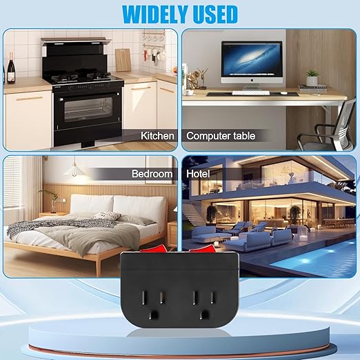Grounded Outlet with Double ON Off Switch, VSEER 2 Port Electrical Outlet Plug Switch 15A 1875W / Wall Tap Adapter with Daul Red Indicator, ETL Listed (Black 1-Pack)