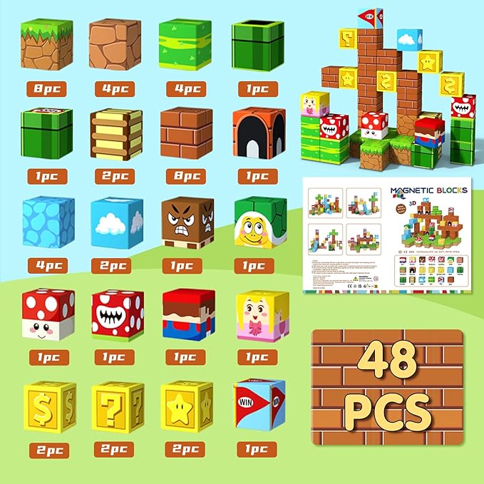 Magnetic Blocks,1.21" 48PCS Large Magnetic Building Blocks for Toddlers 3 4 5 6 7 8 Year Old Creative Magnet Cubes for Kids Ages 3-5 4-8 Learning Sensory Toys Birthday Easter Gift for Boys Girls 3+