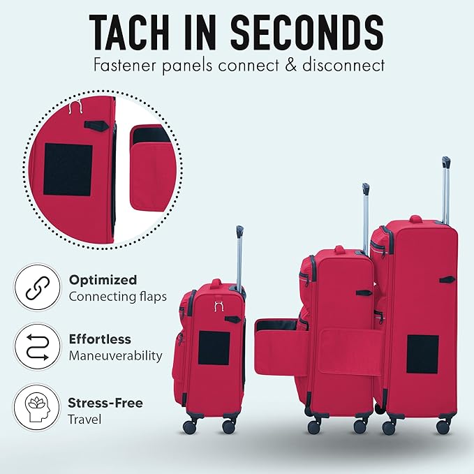 TACH LITE Samba Softside 3 Piece Luggage Set 22/24/28 Inch | Connectable Suitcases with Spinner Wheels | Lightweight Travel Suitcase with Wheels Carry On & Checked Bags | Soft Sided Luggage Set (Red)