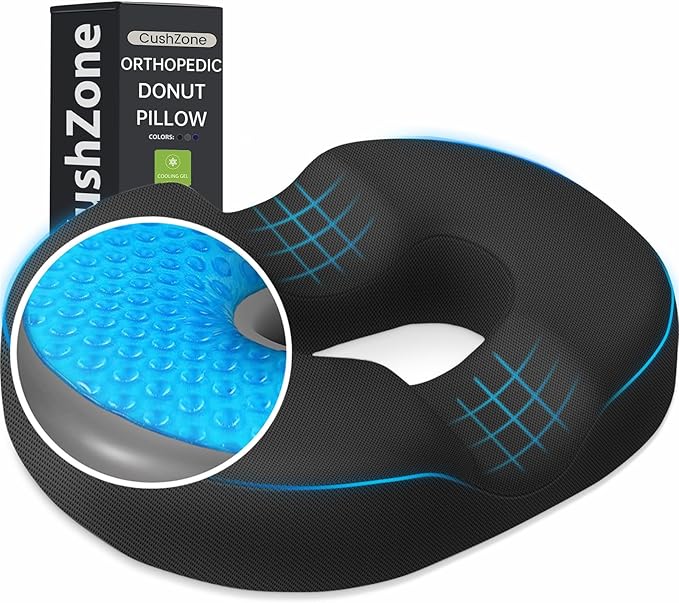 Donut Pillow Seat Cushion - Cooling Gel Donut Chair Cushions, Memory Foam Seat Cushion for Office & Home, Car Seat Cushion and Butt Pillow, Hemorrhoids Pillow and Tailbone Pain Relief, Black