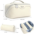 BOYATU Travel Makeup Bag Cosmetic Bags for Women: Large Capacity 3 Pcs Set Make up Bag with Compartments - Waterproof Vegan Leather Toiletry Organizer Bags with Handle (L09 Beige)