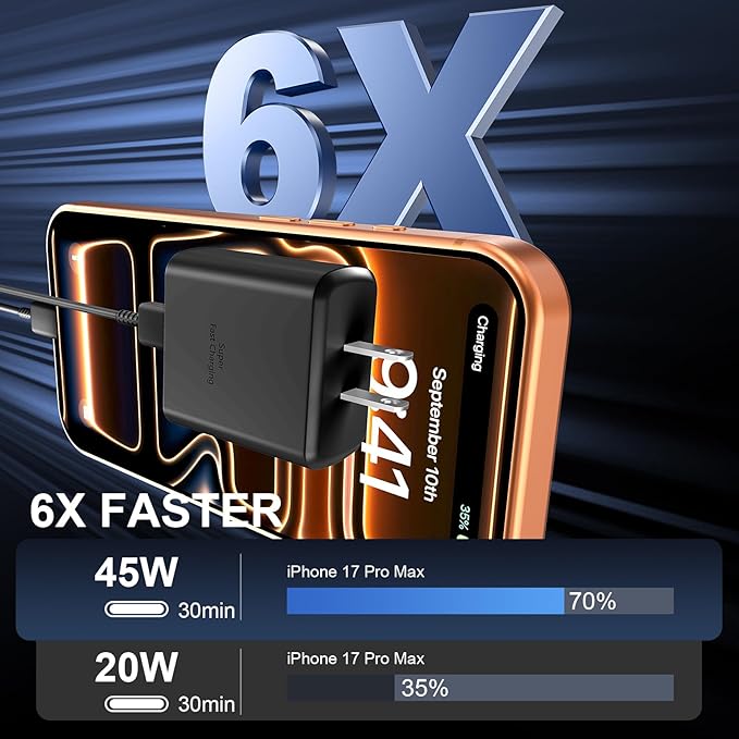 Phone 17 16 Pro Max Charger Fast Charging, 45W USB C Phone 17 16 Super Fast Charger Block with 6.6ft Long Type C Charging Cable Cord for i.Phone 17 Pro Max/17 Pro/17 Air/17/16/16Pro/16 ProMax /-Black