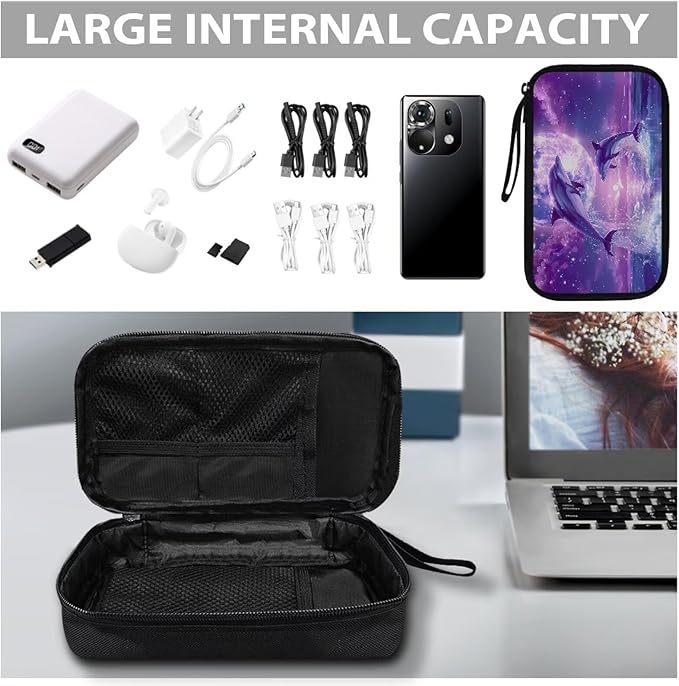 Purple Moonlight Dolphin Print Storage Pouch - Earphone, Cable Organizer, Power Bank & Data Cables Storage, Headset Organizing Multipurpose Bags
